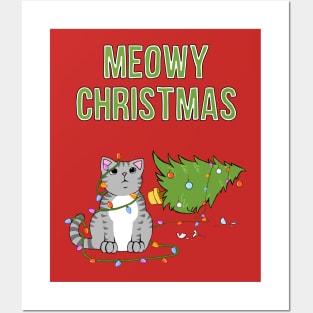 Meowy Christmas Gray Tabby Cat Knocked Over Xmas Tree Posters and Art